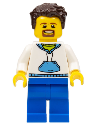 Lego, Minifigure, Town, Ludo Blue - Male, White Hoodie with Medium Blue Pocket, Blue Legs, Dark Brown Tousled Hair, Goatee, TWN349