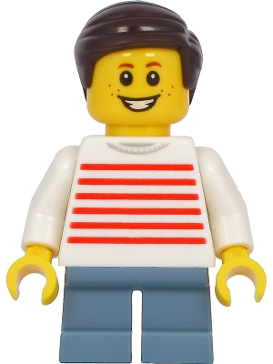 Lego, Minifigure, City, Town, Child - Boy, White Sweater with Red Horizontal Stripes, Sand Blue Short Legs, Dark Brown Hair, Freckles, TWN415