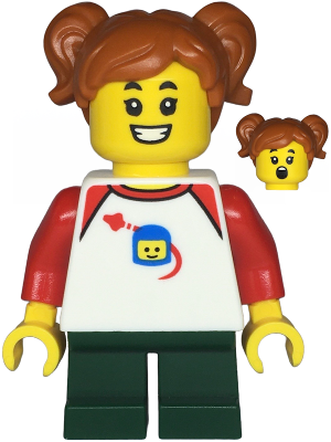 Lego, Minifigure, City, Town, Child - Girl, White Classic Space Shirt with Red Sleeves, Dark Green Short Legs, Dark Orange Pigtails, TWN480
