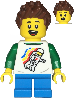 Lego, Minifigure, City, Town, Child - Boy, Classic Space Shirt with Minifigure Floating and Back Print, Dark Azure Short Legs, Reddish Brown Spiked Hair, TWN481