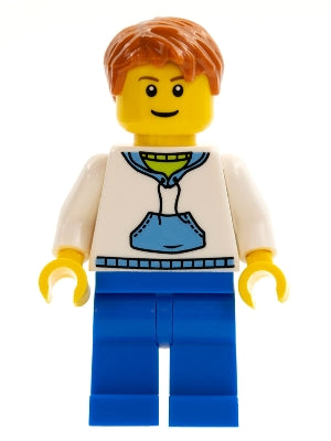 Lego, Minifigure, City, Town, Boy, White Hoodie with Blue Pocket, TWN099